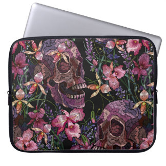 Housse Pour Ordinateur Portable Broderie crâne humain et fleurs d'orchidées roses