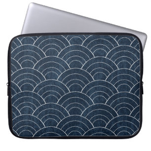 Housse Pour Ordinateur Portable Broderie Sashiko : Indigo Motif japonais.