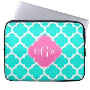 Housse Pour Ordinateur Portable Brt Aqua Wht Marocain #5 HotPink2 Monogramme initi