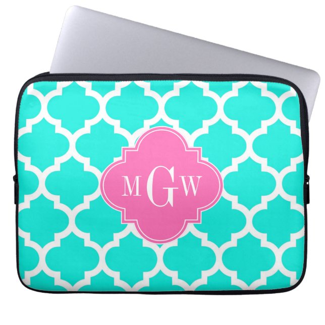 Housse Pour Ordinateur Portable Brt Aqua Wht Marocain #5 HotPink2 Monogramme initi (Devant)