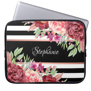Housse Pour Ordinateur Portable Burgundy Blush Floral Black Stripes Personnalisé