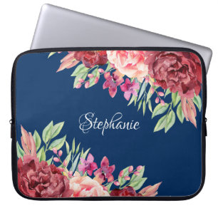 Housse Pour Ordinateur Portable Burgundy Blush Floral Nom personnalisé Marine Bleu