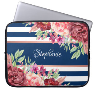 Housse Pour Ordinateur Portable Burgundy Floral Navy Bleu Stripes Personnalisé