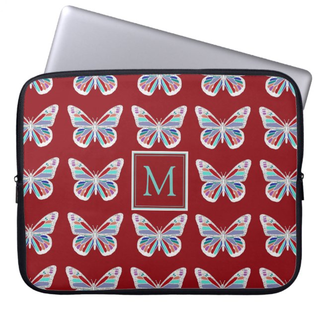 Housse Pour Ordinateur Portable Butterfly Pattern on Burgundy Monogram (Devant)