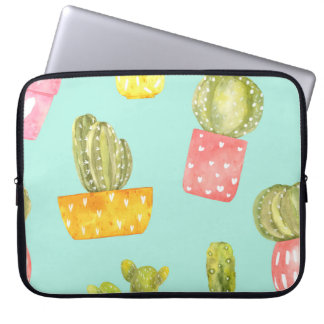 Housse Pour Ordinateur Portable Cactus épineux dans les pots, motif aquarelle.