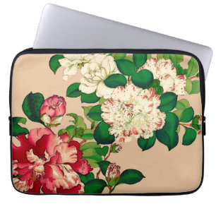 Housse Pour Ordinateur Portable Camellias japonais vintage. Rose profond sur le be