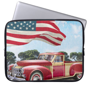 Housse Pour Ordinateur Portable Camion rouge vintage avec drapeau américain.