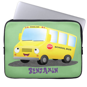 Housse Pour Ordinateur Portable Caricature du bus scolaire jaune joyeux