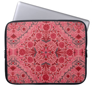 Housse Pour Ordinateur Portable Carreaux floraux en rouge et pastèque rose