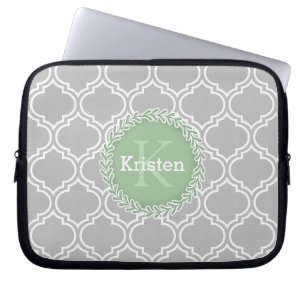Housse Pour Ordinateur Portable Carrelage marocain gris Motif Monogramme vert