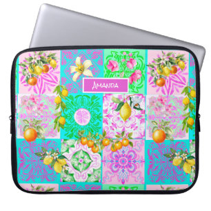 Housse Pour Ordinateur Portable Carrelages floraux de collage d'agrumes rose chic
