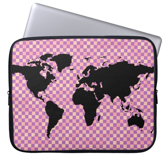 Housse Pour Ordinateur Portable carte du monde noir ~ pixels roses (Devant)