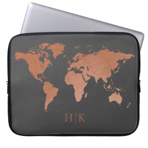 Housse Pour Ordinateur Portable Carte du monde professionnel gris cuivre Monogramm