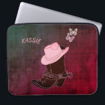 Housse Pour Ordinateur Portable Casquette Butterfly Burgundy Personnalisé<br><div class="desc">Une paire de bottes de cowgirl avec des éperons avec un casquette et une paire de papillons. L'arrière - plan est une texture denim dans une couleur rouge vif. Personnalisez en modifiant ou en supprimant le texte de la zone de texte avant l'extraction. Vous pouvez modifier la couleur et le...</div>