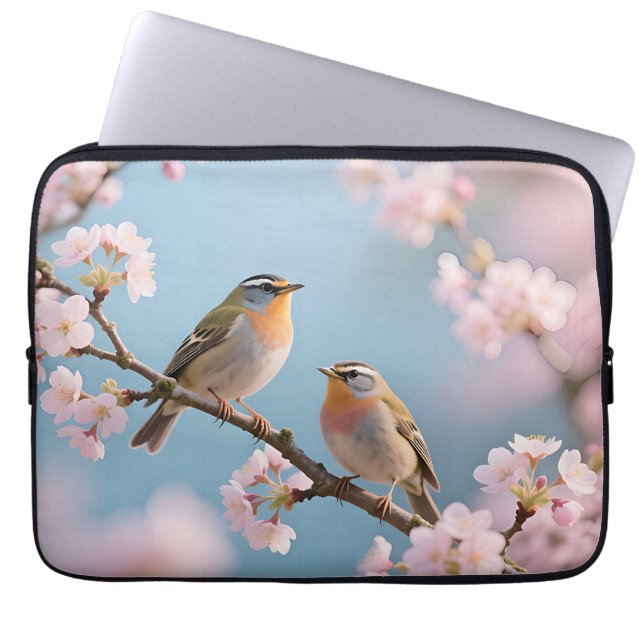 Housse Pour Ordinateur Portable Cerisier Fleurissant Printemps Roitelet Doré (Devant)
