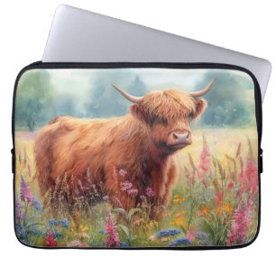 Housse Pour Ordinateur Portable Champ de Fleur sauvage d'aquarelle de vache Highla