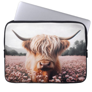 Housse Pour Ordinateur Portable Champ de Fleur sauvage écossais Highland Cow
