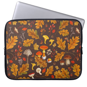 Housse Pour Ordinateur Portable Champignons forestiers et flore d'automne sur brun