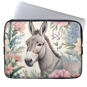Housse Pour Ordinateur Portable Charmante Donkey Pastel Fleurs Ferme Animal