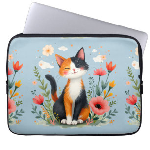 Housse Pour Ordinateur Portable Chat calicot souriant dans un jardin fleuri