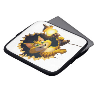 Housse Pour Ordinateur Portable Chat de dessin animé géant tenant une lampe à trav