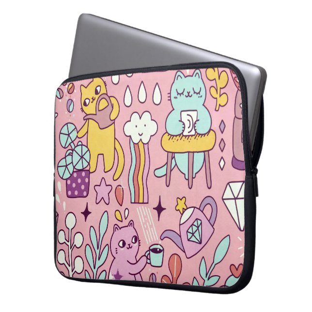 Housse Pour Ordinateur Portable Chat De Dessin S'Amuse Sur Rose (devant gauche)