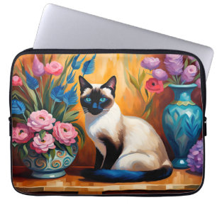 Housse Pour Ordinateur Portable Chat et bouquets siamois dans Vases aquarelle