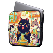 Chat mangeant de la soupe de nouilles et amis