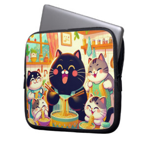 Housse Pour Ordinateur Portable Chat mangeant de la soupe de nouilles et amis