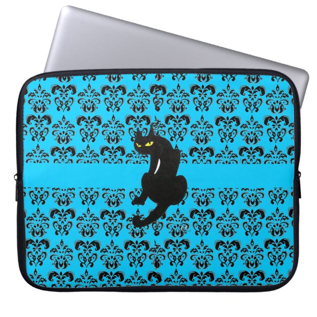 Housse Pour Ordinateur Portable CHAT NOIR DAMASK bleu noir (Devant)