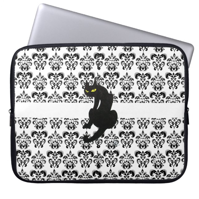 Housse Pour Ordinateur Portable CHAT NOIR DAMASK noir blanc (Devant)