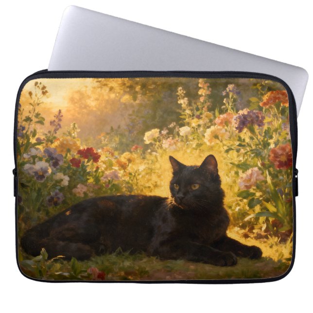 Housse Pour Ordinateur Portable Chat Noir dans les Fleurs I (Devant)