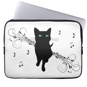 Housse Pour Ordinateur Portable Chat noir entouré de notes de musique murmurantes