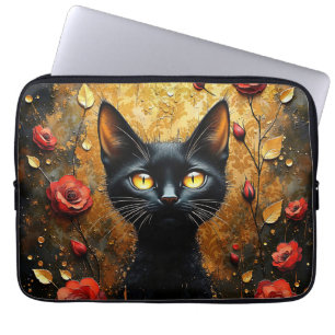 Housse Pour Ordinateur Portable Chat noir et roses