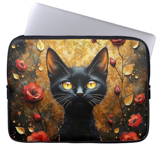 Housse Pour Ordinateur Portable Chat noir et roses (Devant)