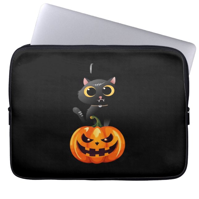 Housse Pour Ordinateur Portable Chat noir Halloween Design - Art Citrouille Éffray (Devant)