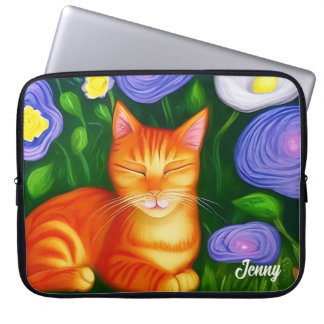 Housse Pour Ordinateur Portable Chat orange endormi dans les fleurs