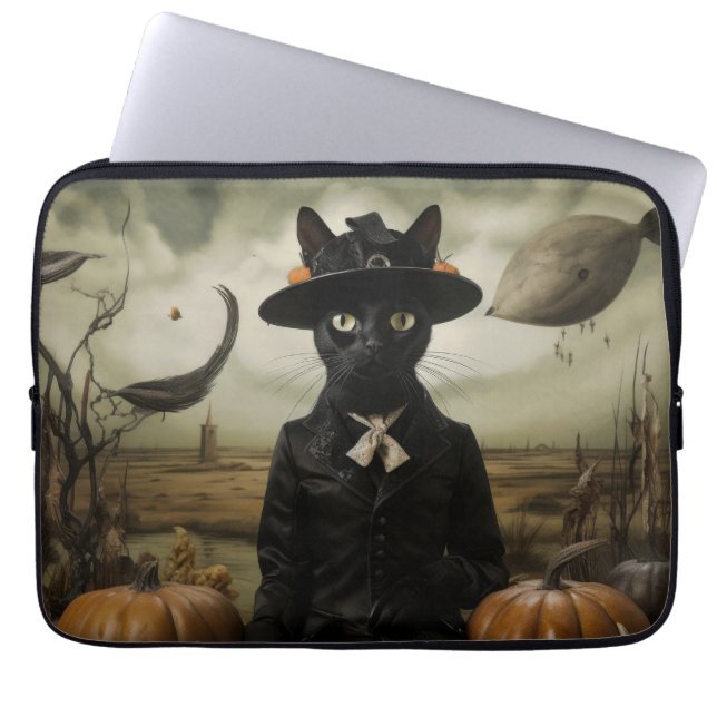 Housse Pour Ordinateur Portable Chat sorcière avec citrouilles  (Devant)