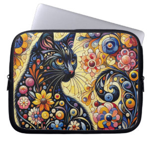 Housse Pour Ordinateur Portable Chat Whimsical Noir Abstrait peinture florale Art