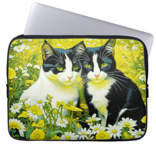 Housse Pour Ordinateur Portable Chats adorables assis dans un champ de marguerites