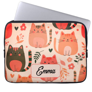 Housse Pour Ordinateur Portable Chats mignons et motif floral Monogramme personnal