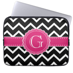 Housse Pour Ordinateur Portable Chaud rose Fleur Monogramme noir Chevron