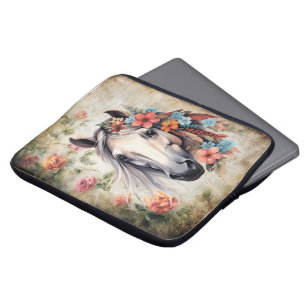 Housse Pour Ordinateur Portable Cheval blanc dans les fleurs.