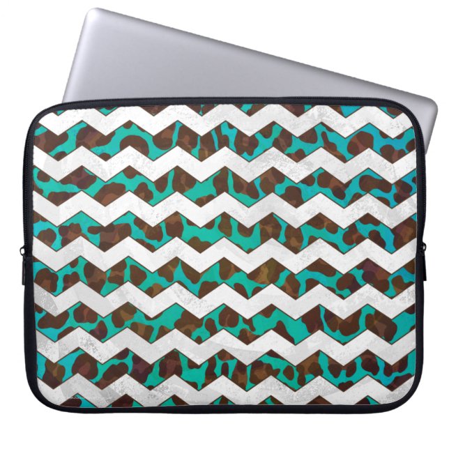 Housse Pour Ordinateur Portable Chevron Leopard Impression Brown et Turquoise (Devant)
