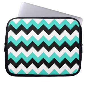 Housse Pour Ordinateur Portable Chevron noir et blanc turquoise