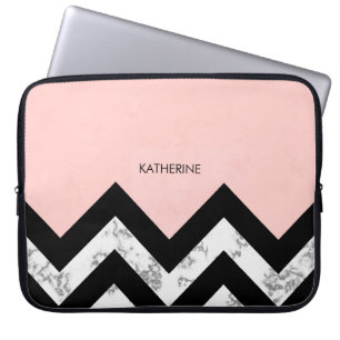 Housse Pour Ordinateur Portable Chevrons noirs blancs et roses