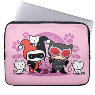 Housse Pour Ordinateur Portable Chibi Harley Quinn & Chibi Catwoman Avec Chats