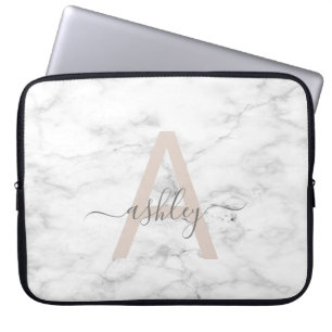 Housse Pour Ordinateur Portable Chic Blush Pink White Marble Script Nom monogram