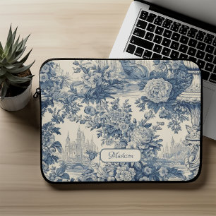 Housse Pour Ordinateur Portable Chic floral vintage toile de jouy monogramme bleu