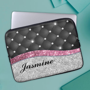 Housse Pour Ordinateur Portable Chic girly faux parties scintillant argent noir ro